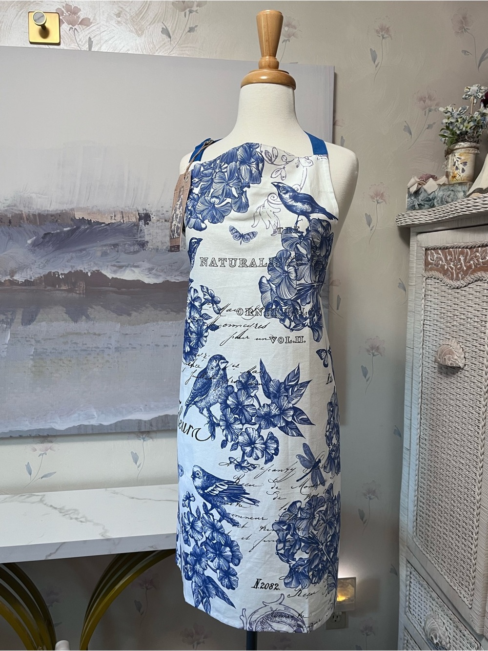Michel Design Works Cotton Chef Apron Indigo French Toile Botanical Garden Birds
